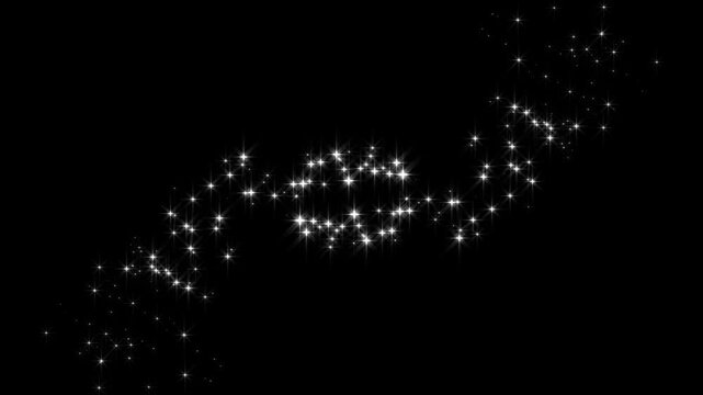 Luxury white sparkle glitter line trail, glowing magic dust stars path animation, magic wand glitter trail, smooth chroma style effect on black background. 4k seamless loop