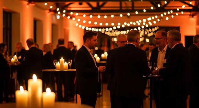 Evening gathering of smartly dressed people, lit by candles and string lights, socializing