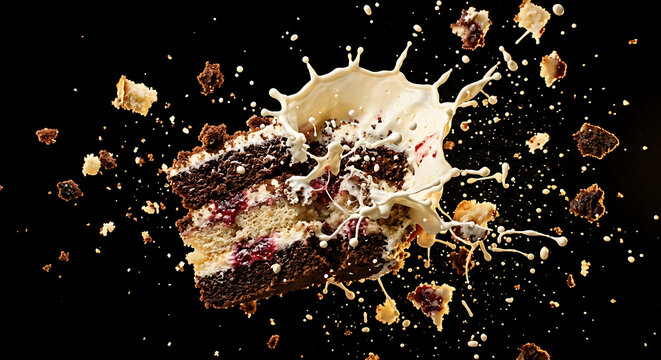 A slice of cake explodes with cream splashing everywhere on a black background