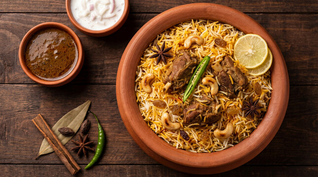 Delicious mutton biryani served in a clay pot with raita and gravy on a rustic wooden background