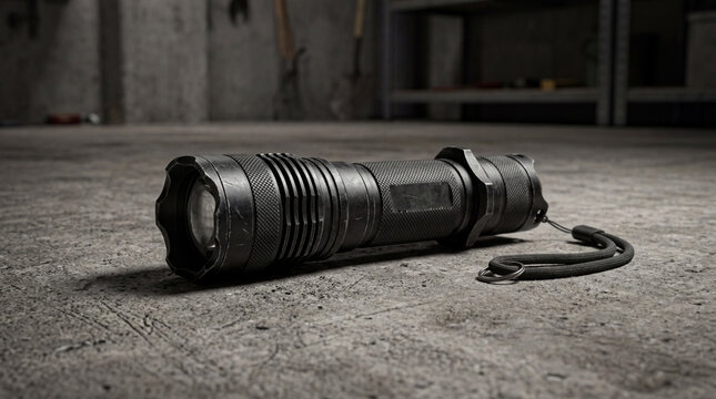 Durable black tactical flashlight with a textured metal body and wrist strap resting on a rough concrete floor, ideal for outdoor adventures.