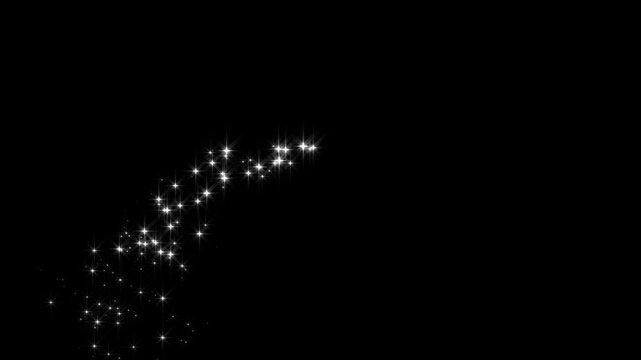 Luxury white sparkle glitter line trail, glowing magic dust stars path animation, magic wand glitter trail, smooth chroma style effect on black background. 4k seamless loop