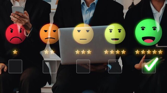 A group of business professionals engage in a feedback session, displaying various emotional responses with ratings, laptops, and tablets in a modern office setting. Raster