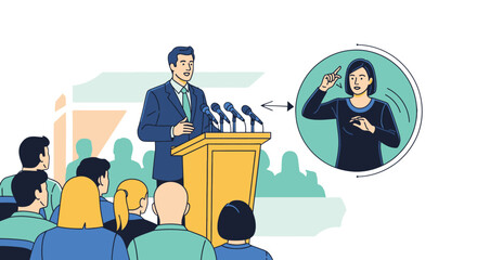 Illustration of public speaker with sign language interpreter. © Clairo