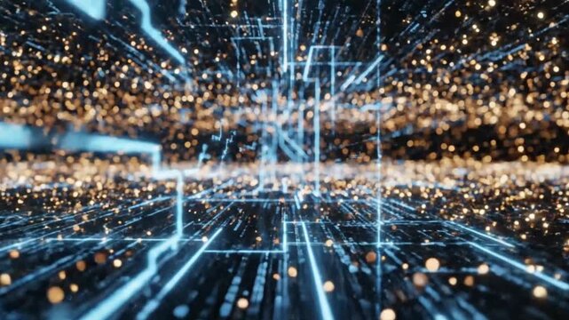 Abstract digital background with glowing blue circuit lines and golden particles, representing data flow, technology, and information processing, 3d render