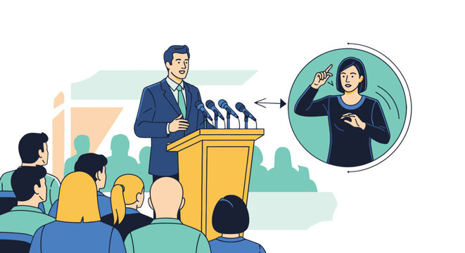 Illustration of public speaker with sign language interpreter.