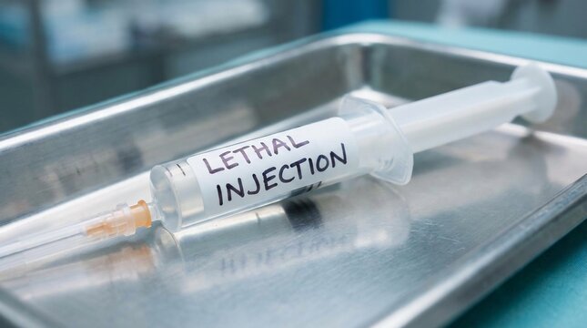 Syringe with a Lethal Injection label resting in a metal medical tray.