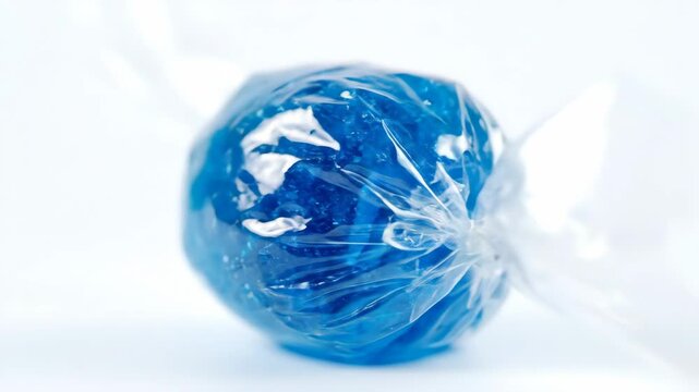A blue hard candy wrapped in cellophane sits isolated on a transparent background, its round sugary form glowing with sweet appeal.