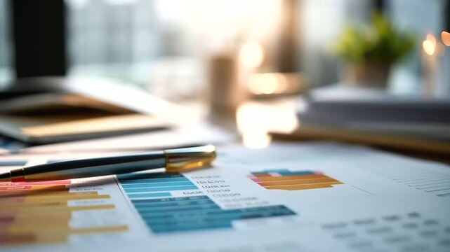 Overhead flat lay of a printed customer journey map with colorful segmentation zones labeled in bold a small compass and a fine marker arranged beside it on a clean bright desk