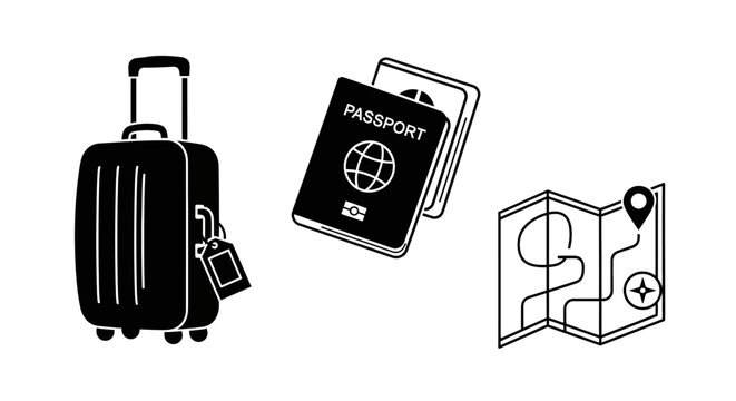 Travel essentials vector icons: suitcase, passport documents, and folded map for global journey, vacation, and adventure planning.