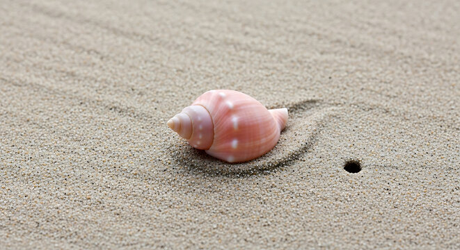 Single pink seashell resting on rippled sand with a small dark hole beach ocean