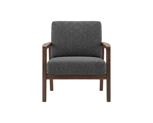 Fototapeta premium Modern Mid-Century Style Armchair with Gray Fabric Upholstery and Dark Wood Frame on White Background