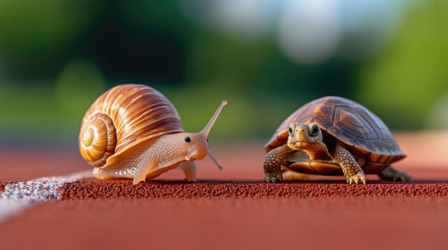 Slow moving snail and determined turtle standing side by side on a red athletic track at a white starting line, symbolizing contrast, an unlikely race, and the underdog spirit in a competitive world