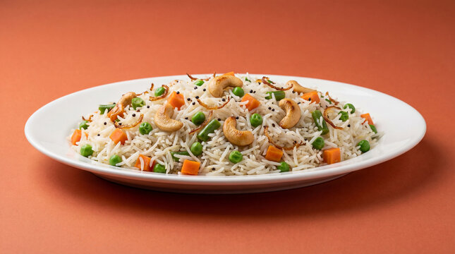 Vegetable pulao or veg biryani made with basmati rice, green peas, carrots, beans, and garnished with fried cashews and onions