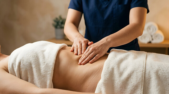 Therapist performing manual lymphatic drainage massage on the abdomen during a wellness session. Gentle rhythmic pressure supports body detox, relaxation, and swelling reduction
