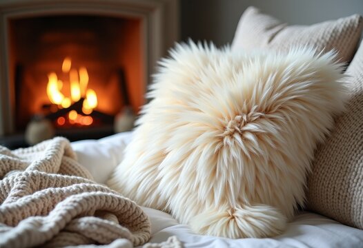 Plush faux fur pillow in creamy ivory with long soft pile, nestled in a winter bed setup with knitted blanket, cozy firelight glow, hyper-realistic fur strands and fluff, inviting hygge atmosphere