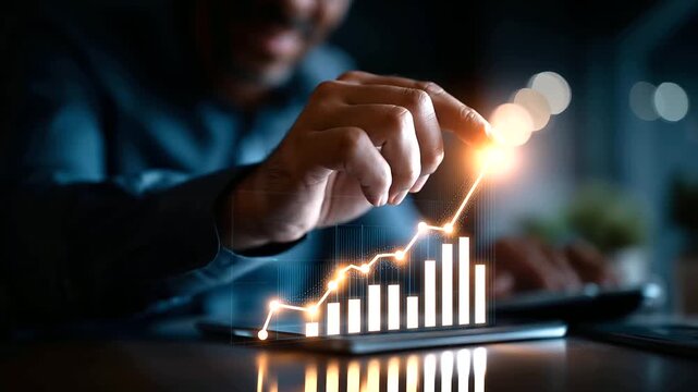 Dramatic low key composition of a vivid glowing digital investment growth chart on a dark screen a bright target arrow milestone marker glowing at the highest data point