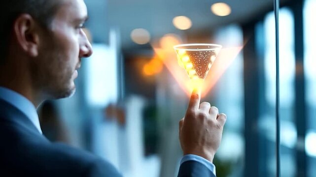 Soft focus lifestyle moment of a faceless businessman from behind at a bright glass meeting room wall one hand pressing a vivid glowing lead generation funnel icon on