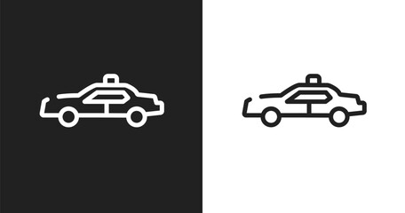 Police car side view icon. Linear black, white icon from transporters collection. Outline police car side view vector. Thin line symbol isolated on white and black background © VectorStockDesign