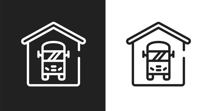 Bus depot icon. Linear black, white icon from public transportation collection. Outline bus depot vector. Thin line symbol isolated on white and black background