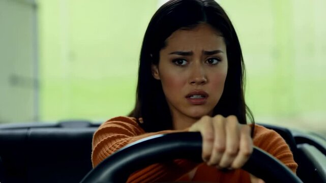 Tense Asian Female Student Concentrating Deeply During Driving Test Practice. An Apprehensive Asian Woman Intensely Focusing On Her Driving Skills In Green Backdrop Scene