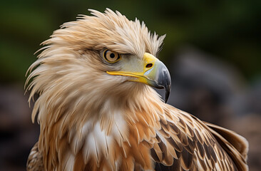 Fototapeta premium Close up portrait of majestic golden eagle with sharp eye and hooked beak in natural outdoor setting