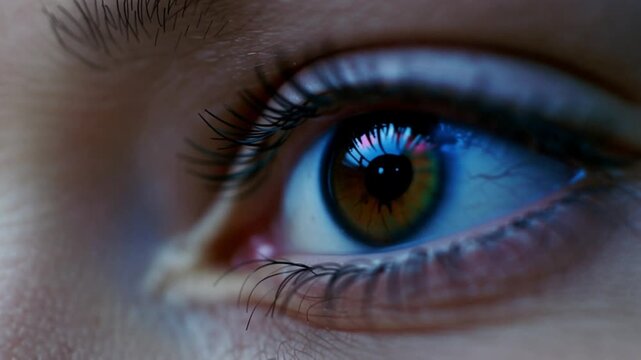 A close-up shot of a human eye with brown iris and long eyelashes