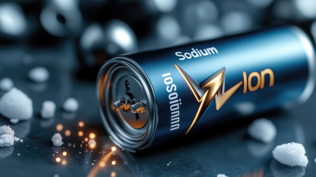 Sodium ion battery representing sustainable energy storage, innovative power technology, and eco friendly solutions with salt particles on a dark surface