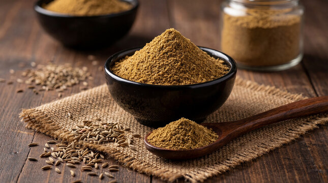 Cumin powder in a black bowl with wooden spoon and whole cumin seeds on a rustic wooden table