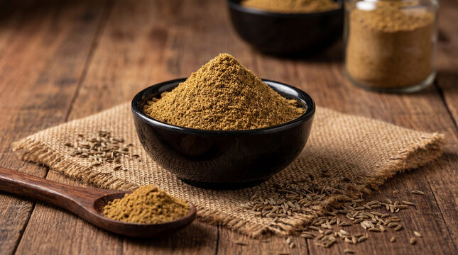 Ground cumin powder in a black bowl on a rustic wooden table with whole cumin seeds