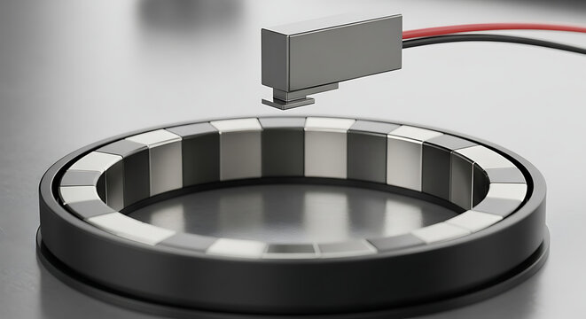  Magnetic ring encoder with a large multi-sensor read head for precision rotation sensing. Industrial automation component for motor control and high-accuracy position feedback in robotic systems.