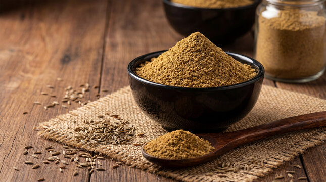 Cumin powder in a black bowl with whole cumin seeds on a rustic wooden table