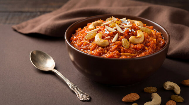 Gajar ka halwa, a popular indian sweet dish made from carrots, milk, sugar, and ghee, garnished with cashews, almonds, raisins, and edible silver leaf
