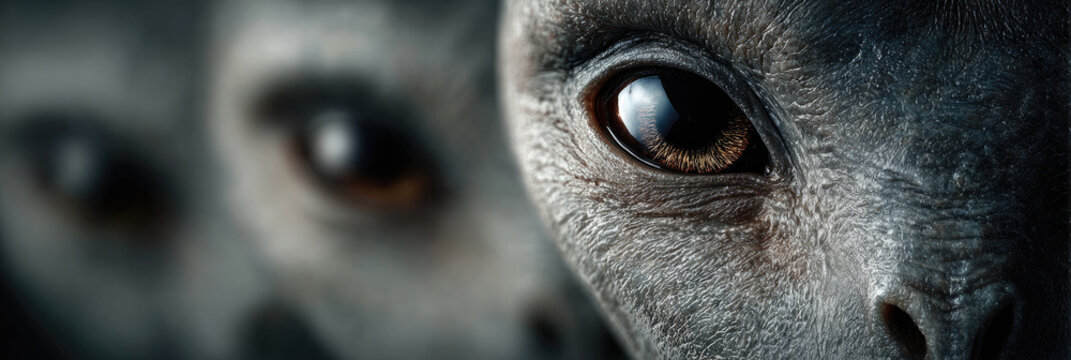 UFO Day .Close up portrait of a grey alien with large dark eyes staring forward, symbolizing an extraterrestrial encounter and the arrival of unknown life forms from space