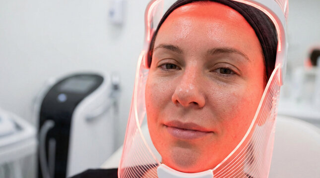 Woman Undergoing Professional Red Light Therapy Facial Treatment
