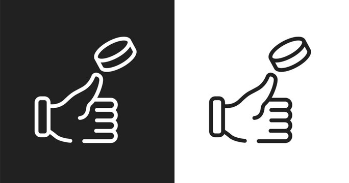 Coin toss icon. Linear black, white icon from soccer collection. Outline coin toss vector. Thin line symbol isolated on white and black background