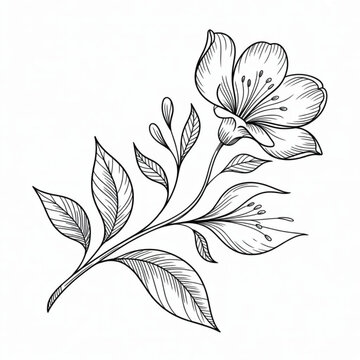 A detailed botanical hand drawing featuring a delicate flowering branch with leaves and buds Vector, illustration