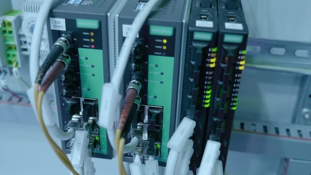 Telecommunications equipment with Internet traffic controllers with multiple wires and flashing indicators. Closeup. Shot in motion