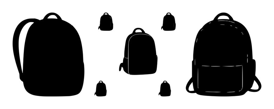 Student backpack silhouette set with solid black outline against white background featuring backpack, luggage, travel scenery with student life and education