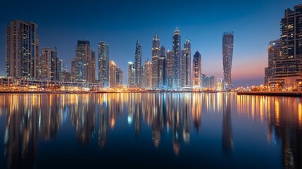 Obraz premium Evening's blue light bathes Dubai's financial center after sunset. Long exposure shows the illuminated towers of the downtown United Arab Emirates skyline.