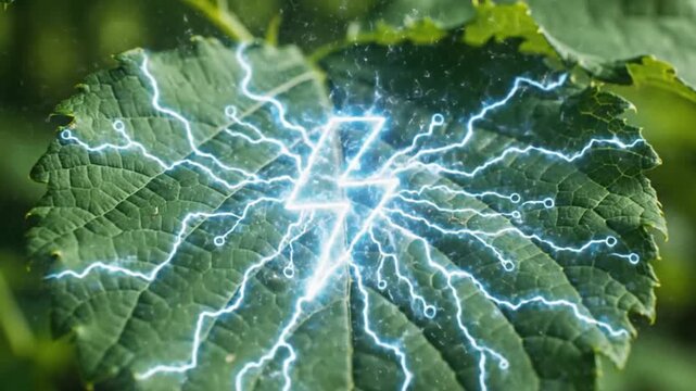 A glowing electric lightning bolt symbol superimposed on a vibrant green leaf, representing sustainable energy and ecofriendly power