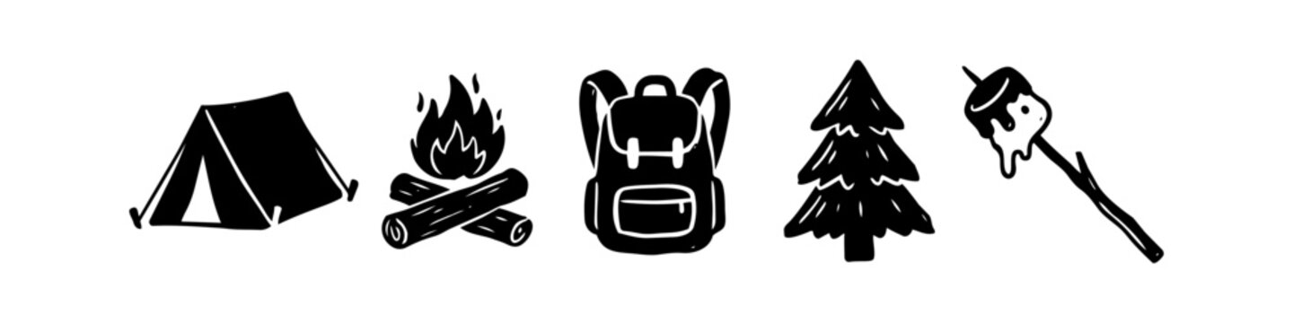 Hand-drawn camping icons set featuring tent, campfire, backpack, pine tree, and roasted marshmallow. Minimalist black silhouettes for outdoor adventure, hiking, and scouting designs.