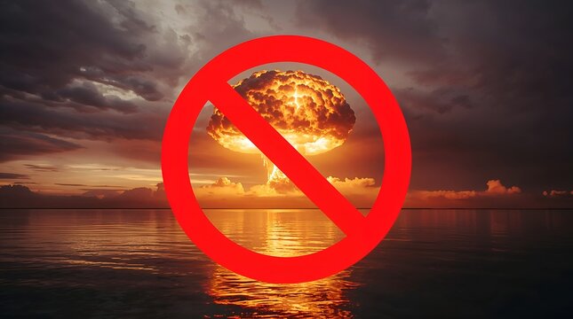 No Nuclear Weapons Concept with Explosion and Prohibition Sign, Global Peace Message, Anti War Symbol, Dramatic Sky and Ocean Scene, Safety Awareness and Disarmament Idea