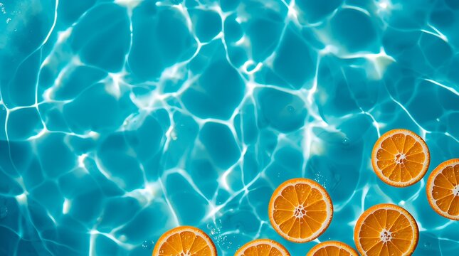Fresh Orange Slices Floating in Clear Blue Water, Summer Citrus Background, Top View Pool Texture with Sunlight Reflections, Refreshing Tropical Drink Concept, Minimal Bright Composition