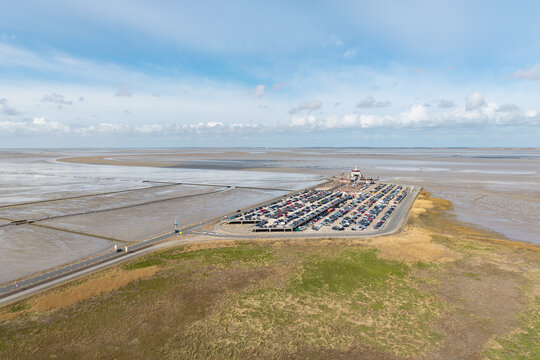 Holwerd ferry terminal to Ameland aerial view Wadden Sea