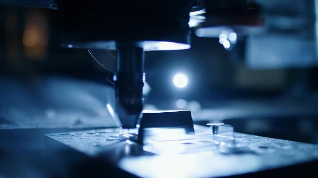 Microscopic probe conducting precise examination of a specialized material, moving over a surface within a futuristic dark laboratory environment with blue light
