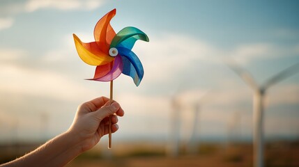 Person holds colorful pinwheel, showing nature and clean power ideas, against the sky.