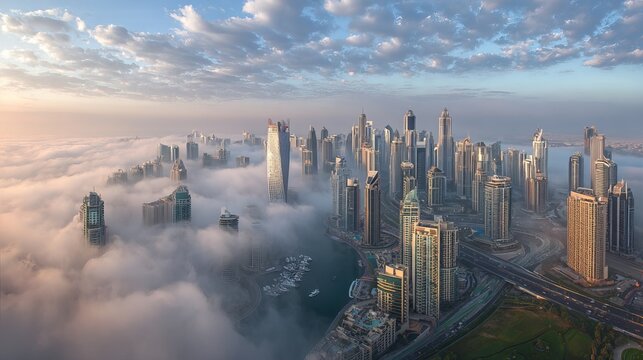 Morning sunbeams pierce through clouds above Dubai Marina's skyscrapers. Aerial view shows Jumeirah Lake Towers.