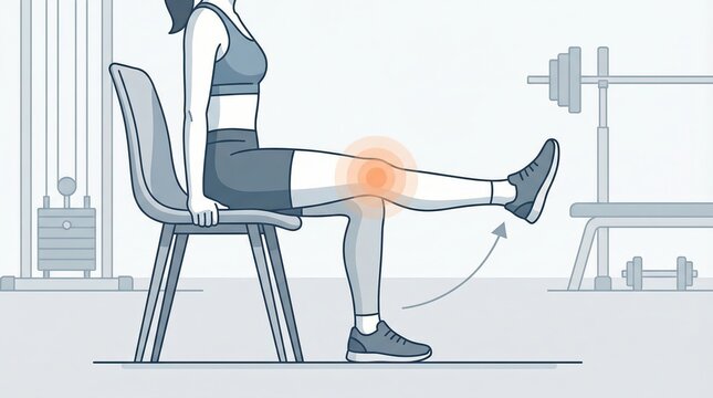 Woman experiencing knee pain during seated leg extension exercise, focusing on quadriceps strengthening and rehabilitation for joint health and recovery
