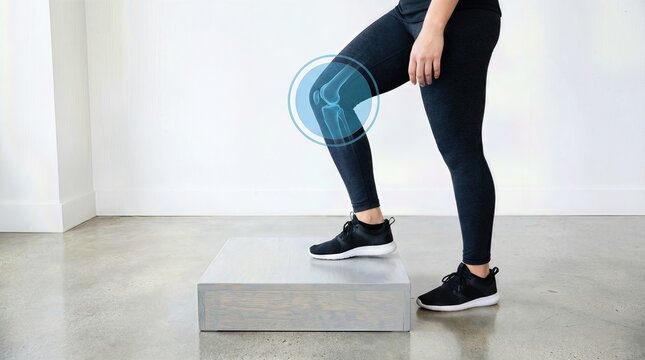 Person performing a step up exercise showing knee joint anatomy for health, fitness and physical therapy, highlighting body movement and rehabilitation concepts